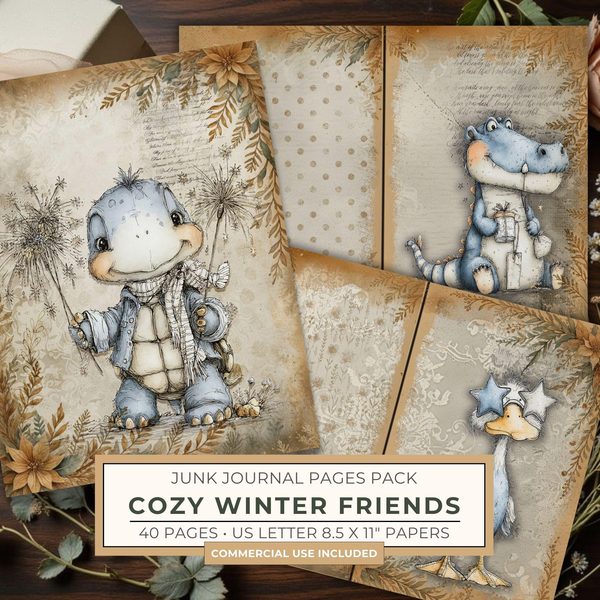 Vintage Background Papers | Cozy Winter Friends Junk Journal Pages | Whimsical Animals | Digital Download