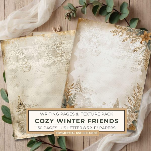 Vintage Writing Pages | Cozy Winter Friends Junk Journal | Printable Blank Framed Papers | Instant Download