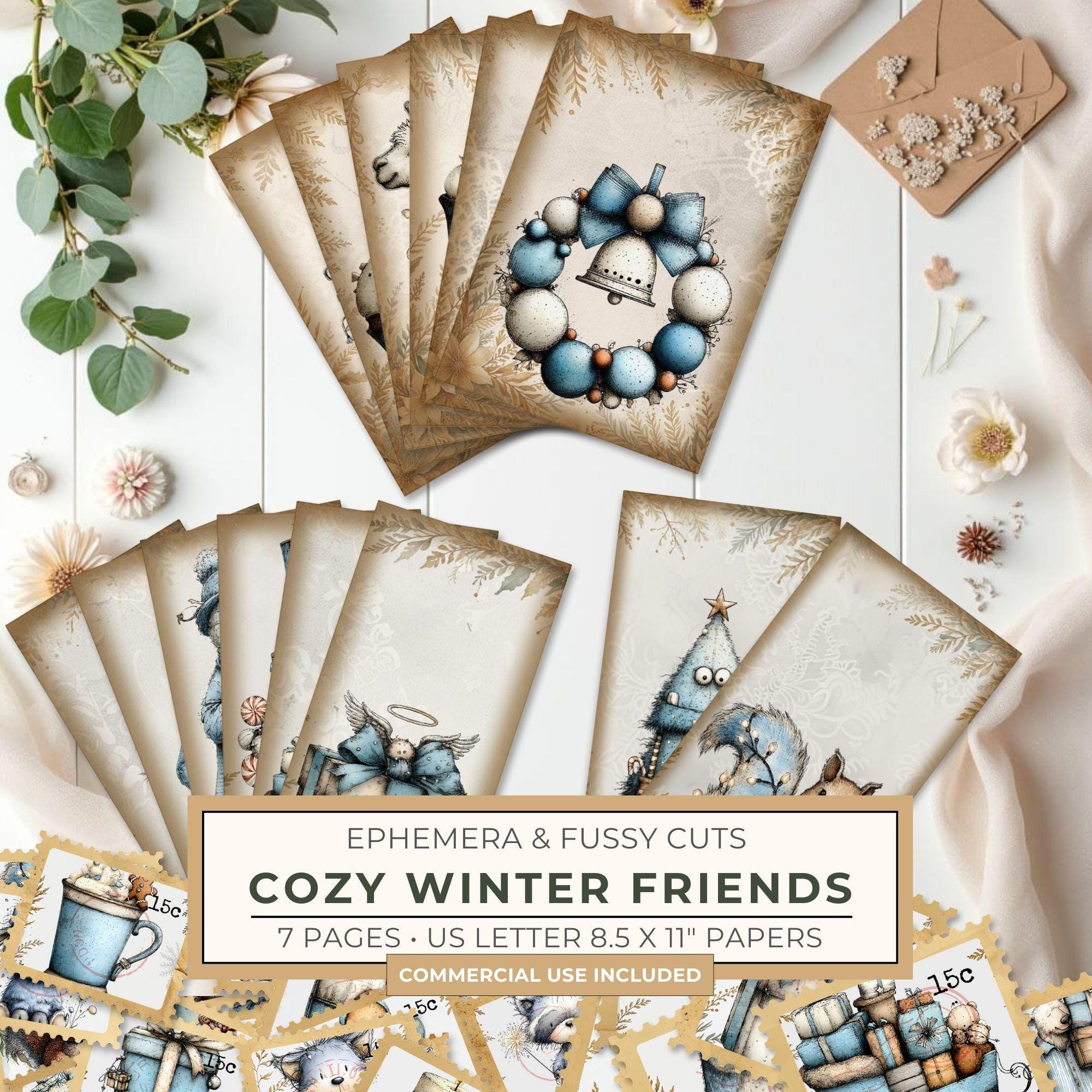Ephemera & Fussy Cuts | Cozy Winter Friends Junk Journal | Printable Cards Tags Envelopes Stamps | Scrapbooking