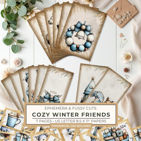 Ephemera & Fussy Cuts | Cozy Winter Friends Junk Journal | Printable Cards Tags Envelopes Stamps | Scrapbooking
