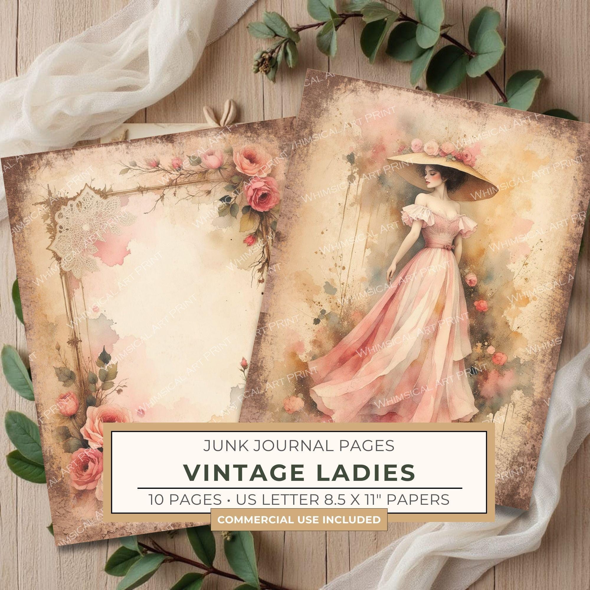 Vintage Pink Ladies Junk Journal Pages | Printable Portrait Sheets | Shabby Chic | Commercial Use