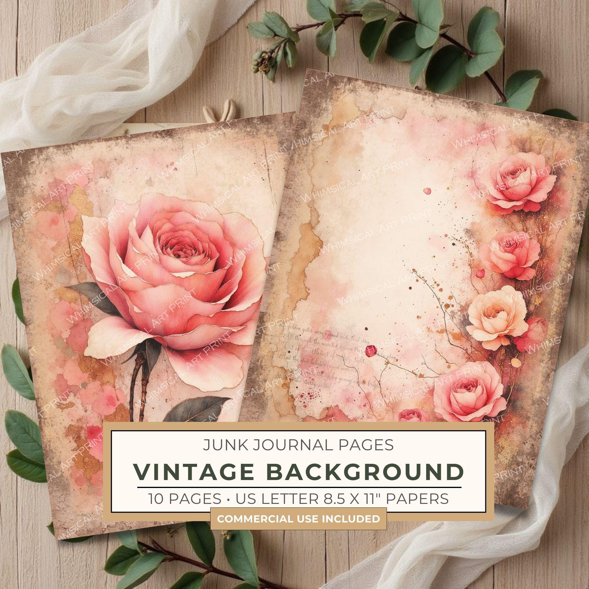 Vintage Floral Junk Journal Pages | Background Page Border Printables | Shabby Chic Pink Florals