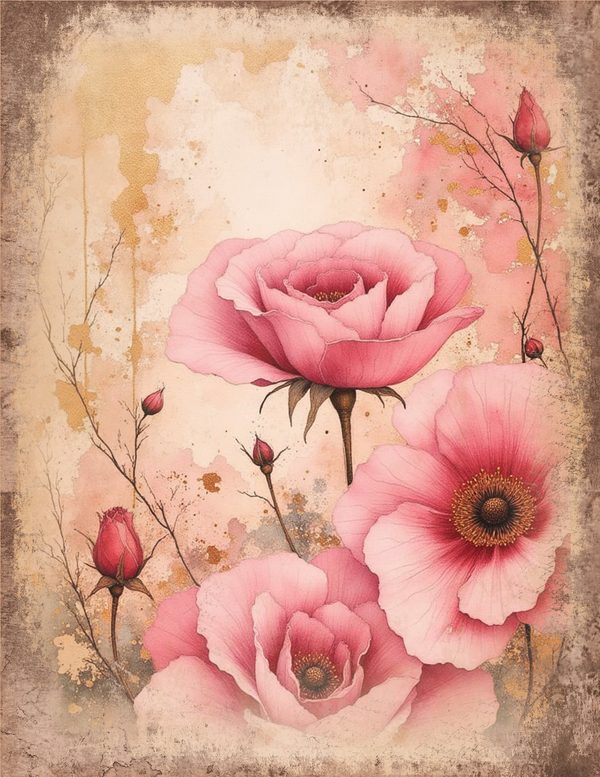 Vintage Floral Junk Journal Pages | Background Page Border Printables | Shabby Chic Pink Florals — image 16