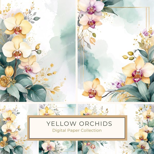 Yellow Orchids Digital Paper: Artistic Scrapbook Backgrounds (10 JPGs) Commercial Use