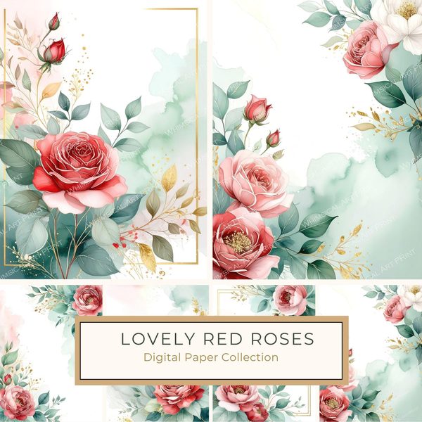 Red Roses Watercolor Paper: Scrapbook Backgrounds, Commercial Use (10 JPGs Digital Download)