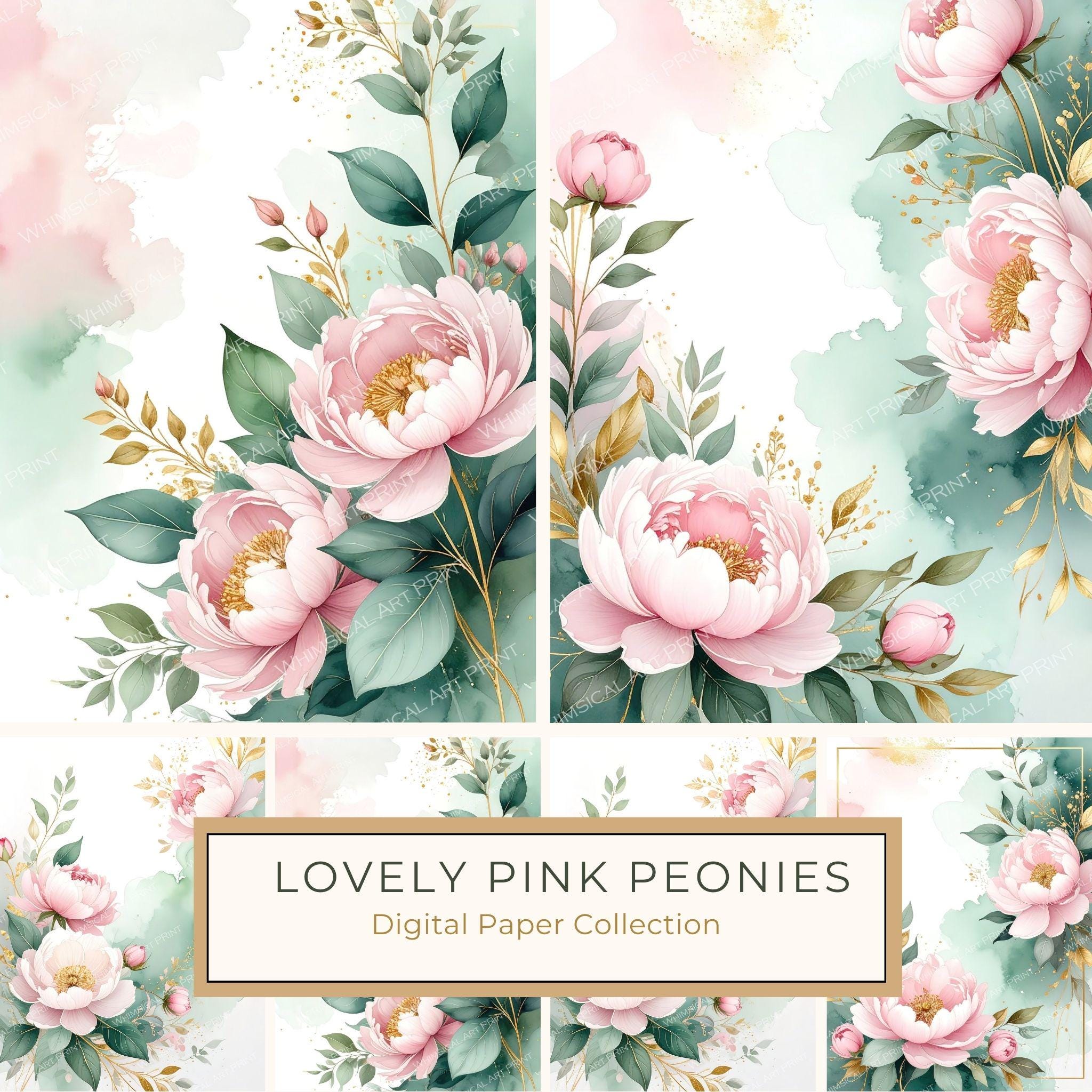 Pink Peonies Digital Paper: Artistic Watercolor Scrapbook Backgrounds (10 JPGs) Commercial Use