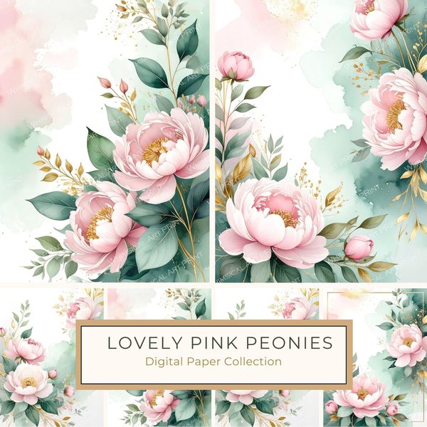 Pink Peonies Digital Paper: Artistic Watercolor Scrapbook Backgrounds (10 JPGs) Commercial Use