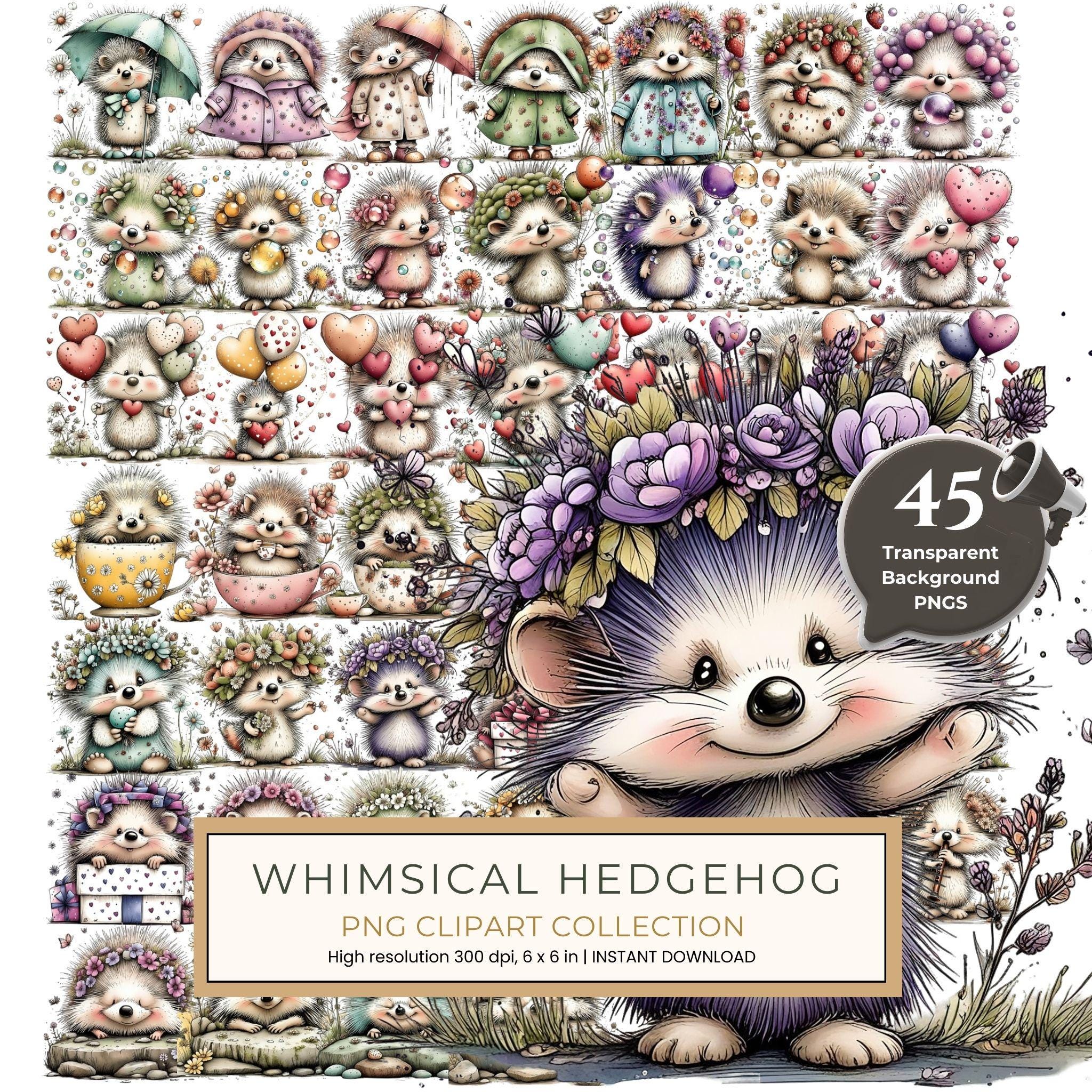 45 Whimsical Hedgehog Clipart Bundle - Watercolor Sketch Style - PNG - Commercial Use