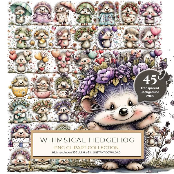 45 Whimsical Hedgehog Clipart Bundle - Watercolor Sketch Style - PNG - Commercial Use