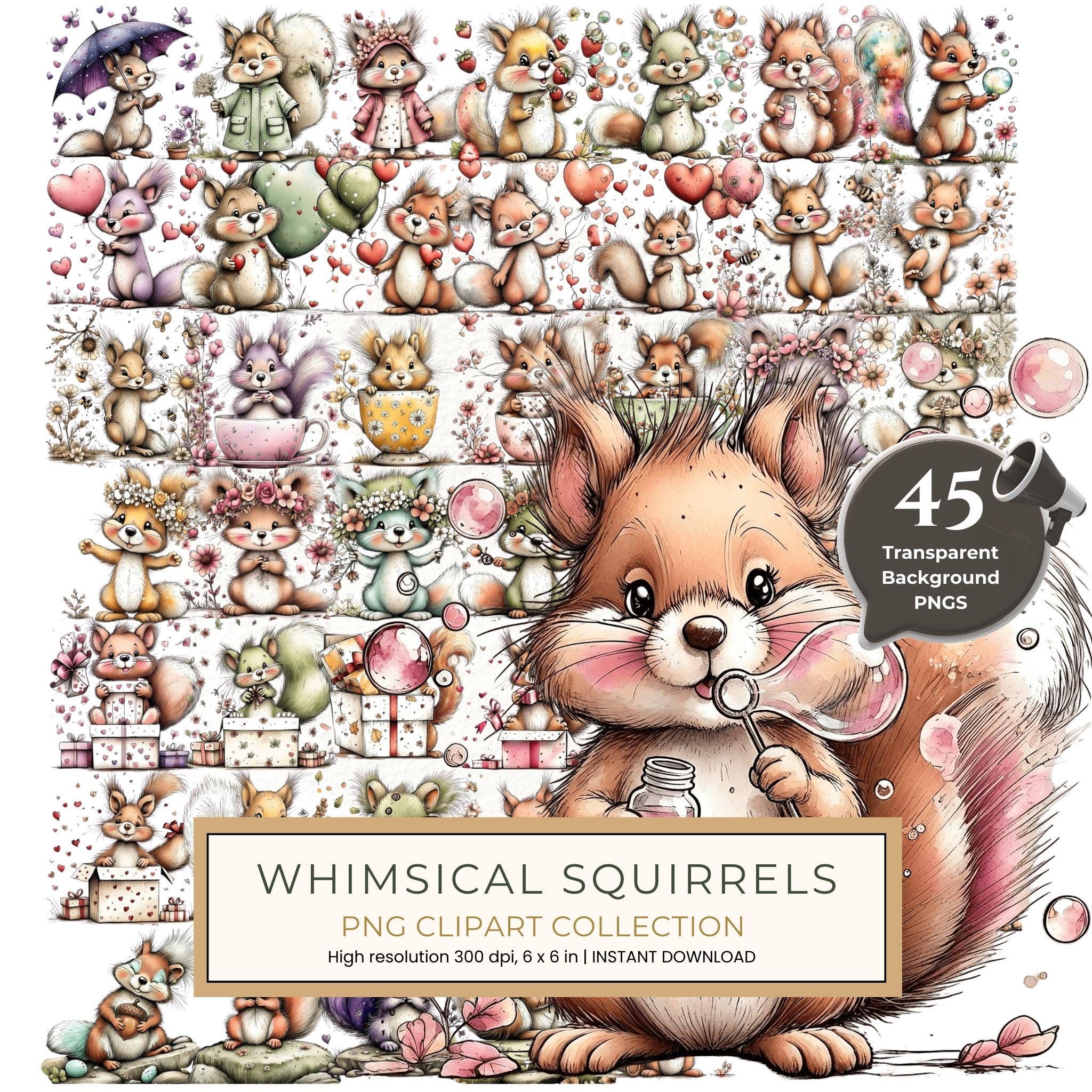 45 Whimsical Squirrels Clipart Bundle - Watercolor Sketch Style - PNG - Commercial Use