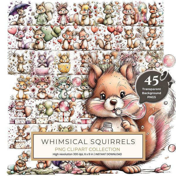 45 Whimsical Squirrels Clipart Bundle - Watercolor Sketch Style - PNG - Commercial Use