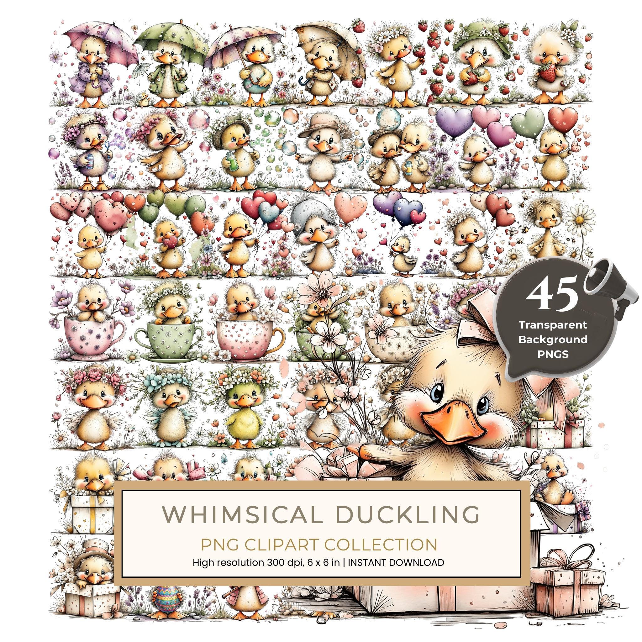 45 Whimsical Duckling Clipart Bundle - Watercolor Sketch Style - PNG - Commercial Use