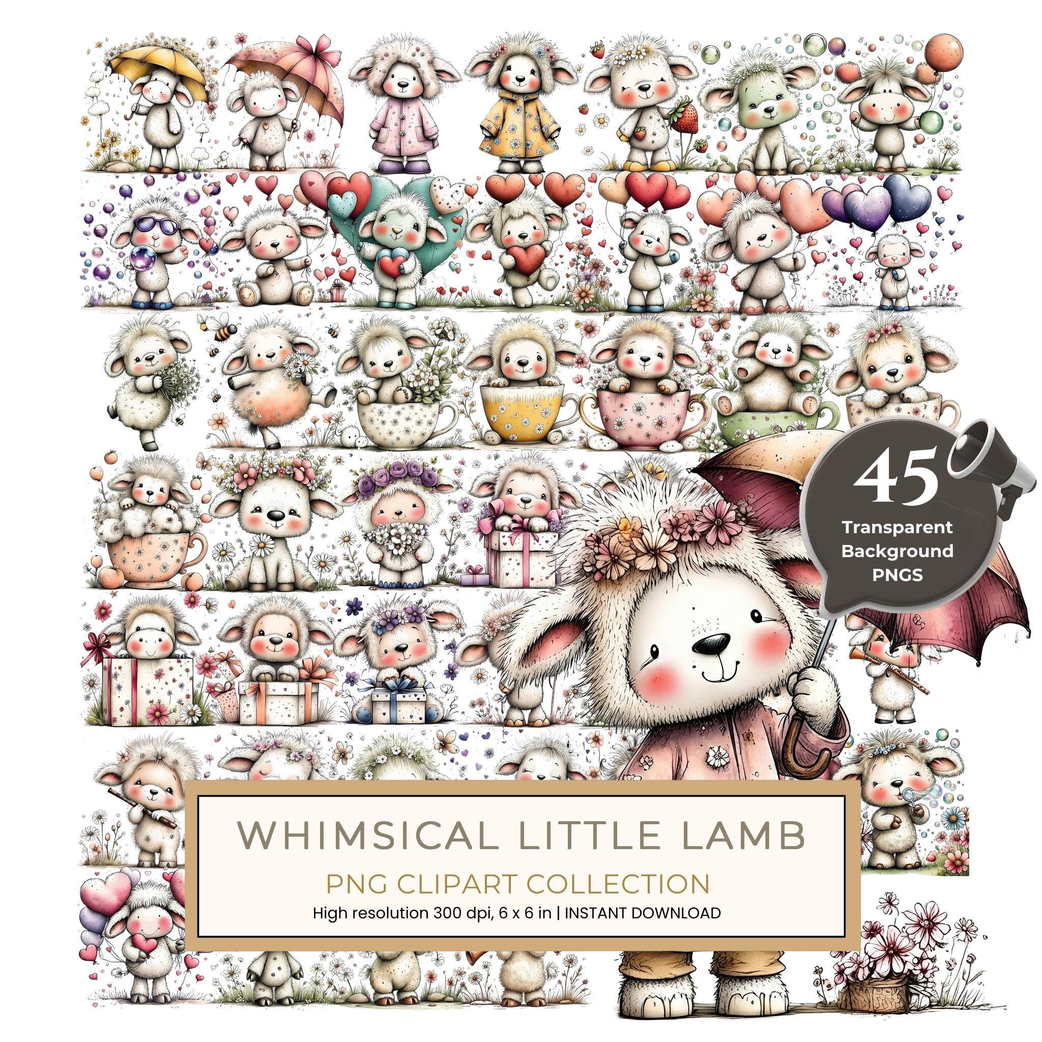45 Whimsical Little Lamb Lamb Clipart Bundle | Watercolor Sketch Style | Commercial Use