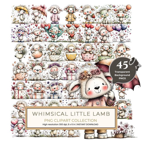 45 Whimsical Little Lamb Lamb Clipart Bundle | Watercolor Sketch Style | Commercial Use