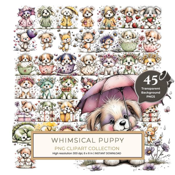 45 Whimsical Puppy Clipart Bundle | Watercolor Sketch Style | Commercial Use