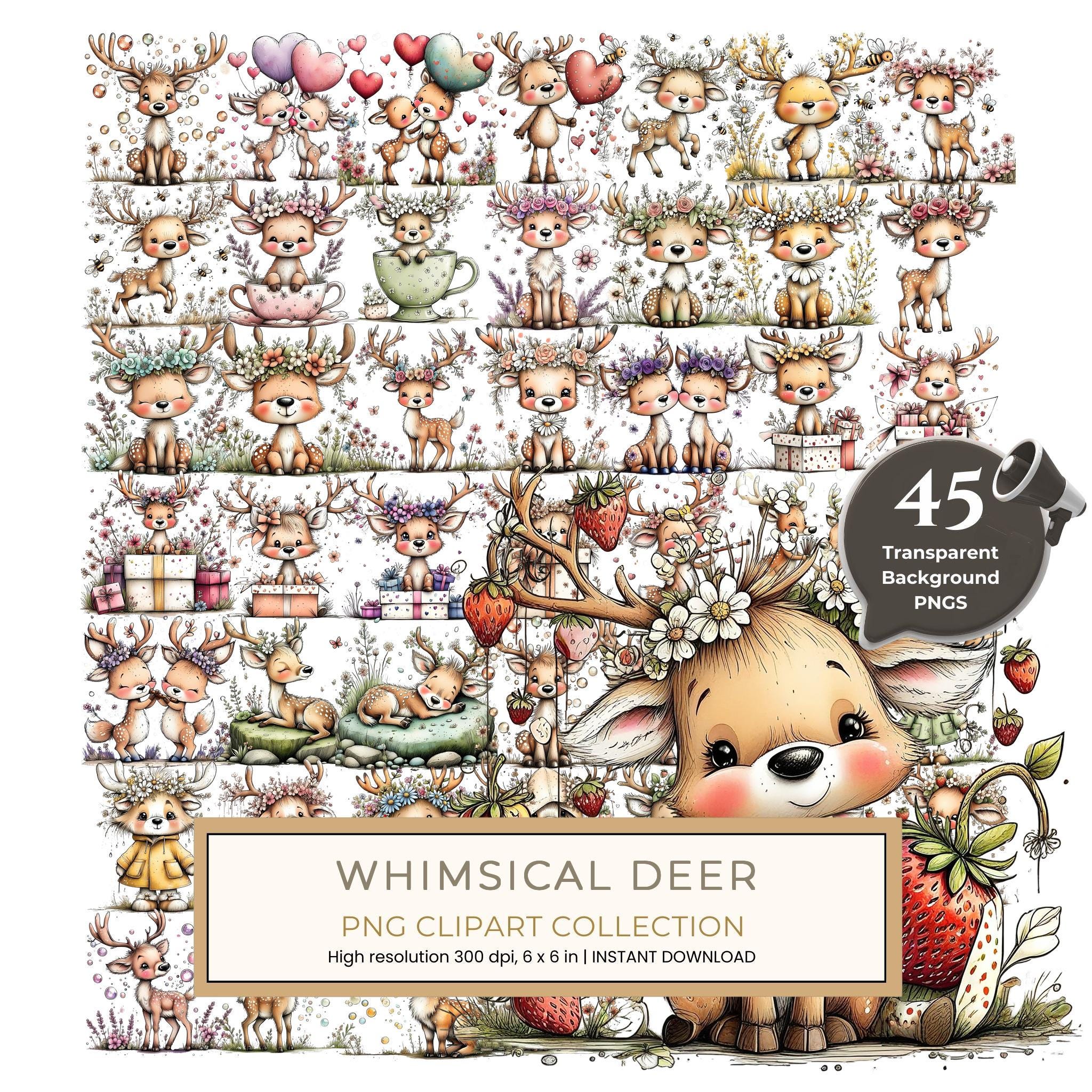 45 Whimsical Deer Clipart | Watercolor Sketch Style | Commercial Use