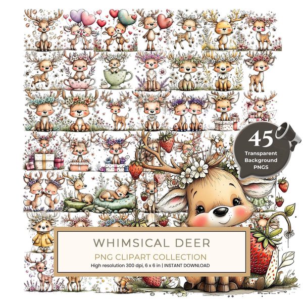 45 Whimsical Deer Clipart | Watercolor Sketch Style | Commercial Use