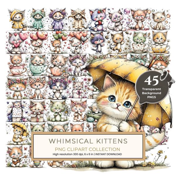 45 Whimsical Kittens Clipart | Watercolor Sketch Style | Commercial Use