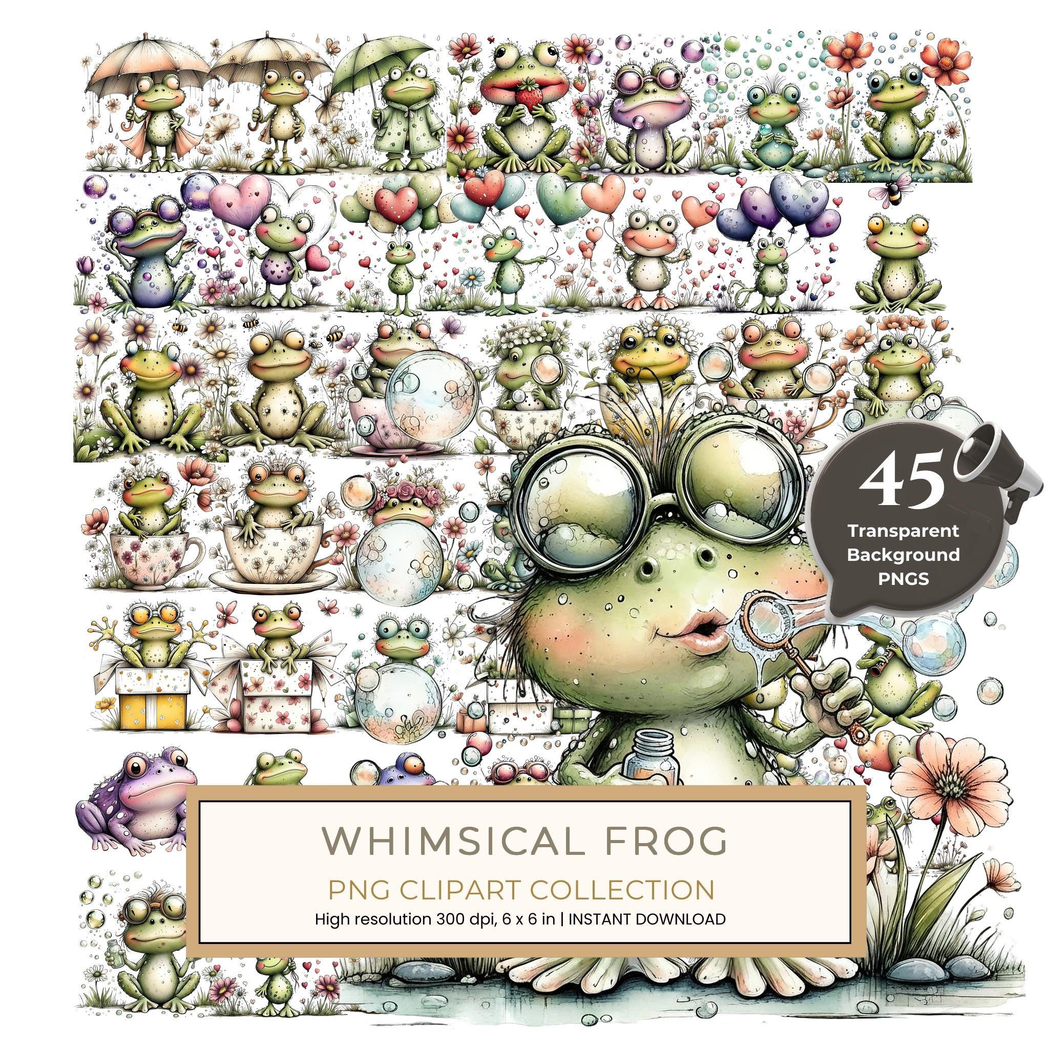 45 Whimsical Frog Clipart | Watercolor Sketch Style | Commercial Use