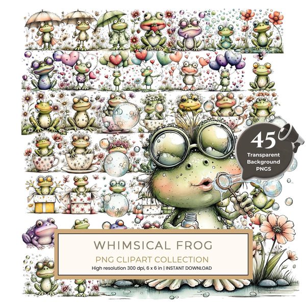45 Whimsical Frog Clipart | Watercolor Sketch Style | Commercial Use
