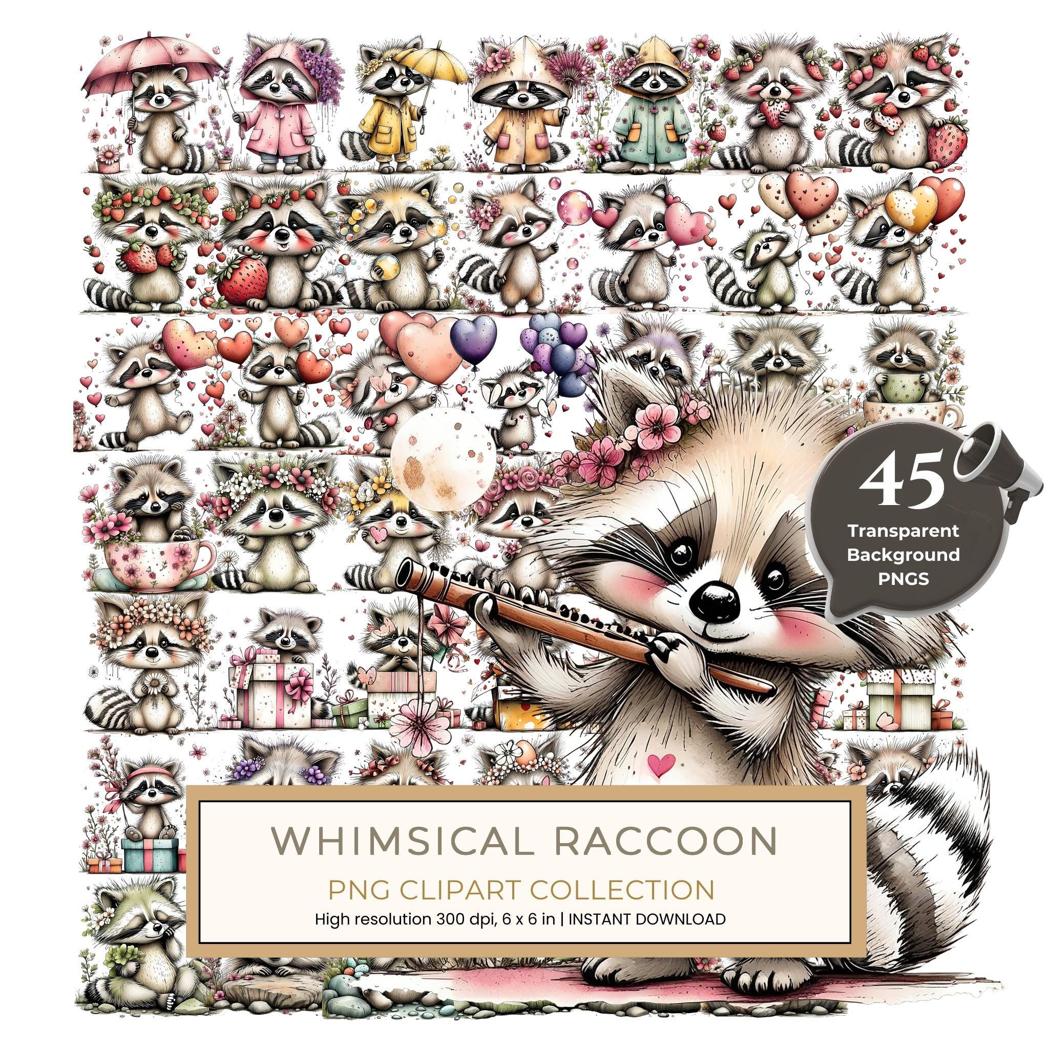 45 Whimsical Raccoon Clipart Bundle | Watercolor Sketch Style | Commercial Use