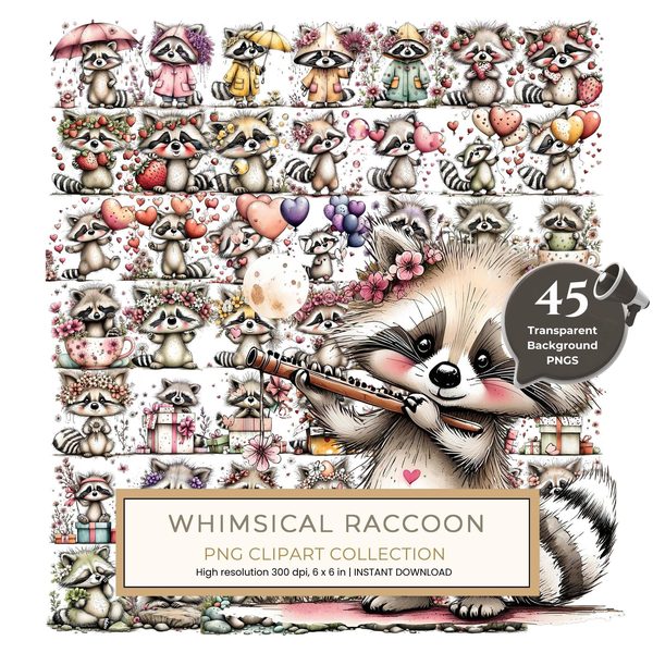 45 Whimsical Raccoon Clipart Bundle | Watercolor Sketch Style | Commercial Use