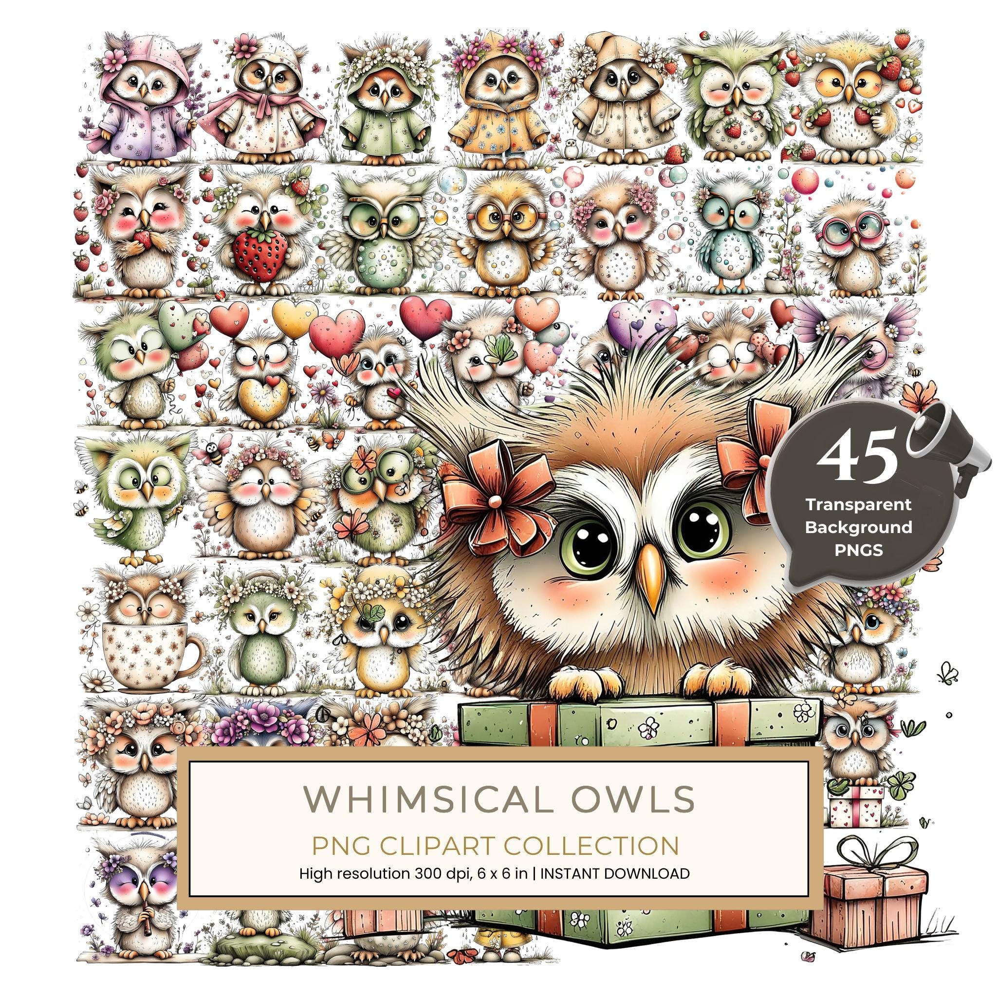 45 Whimsical Owls Clipart Bundle | Watercolor Sketch Style | Commercial Use