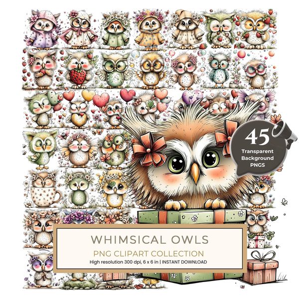 45 Whimsical Owls Clipart Bundle | Watercolor Sketch Style | Commercial Use