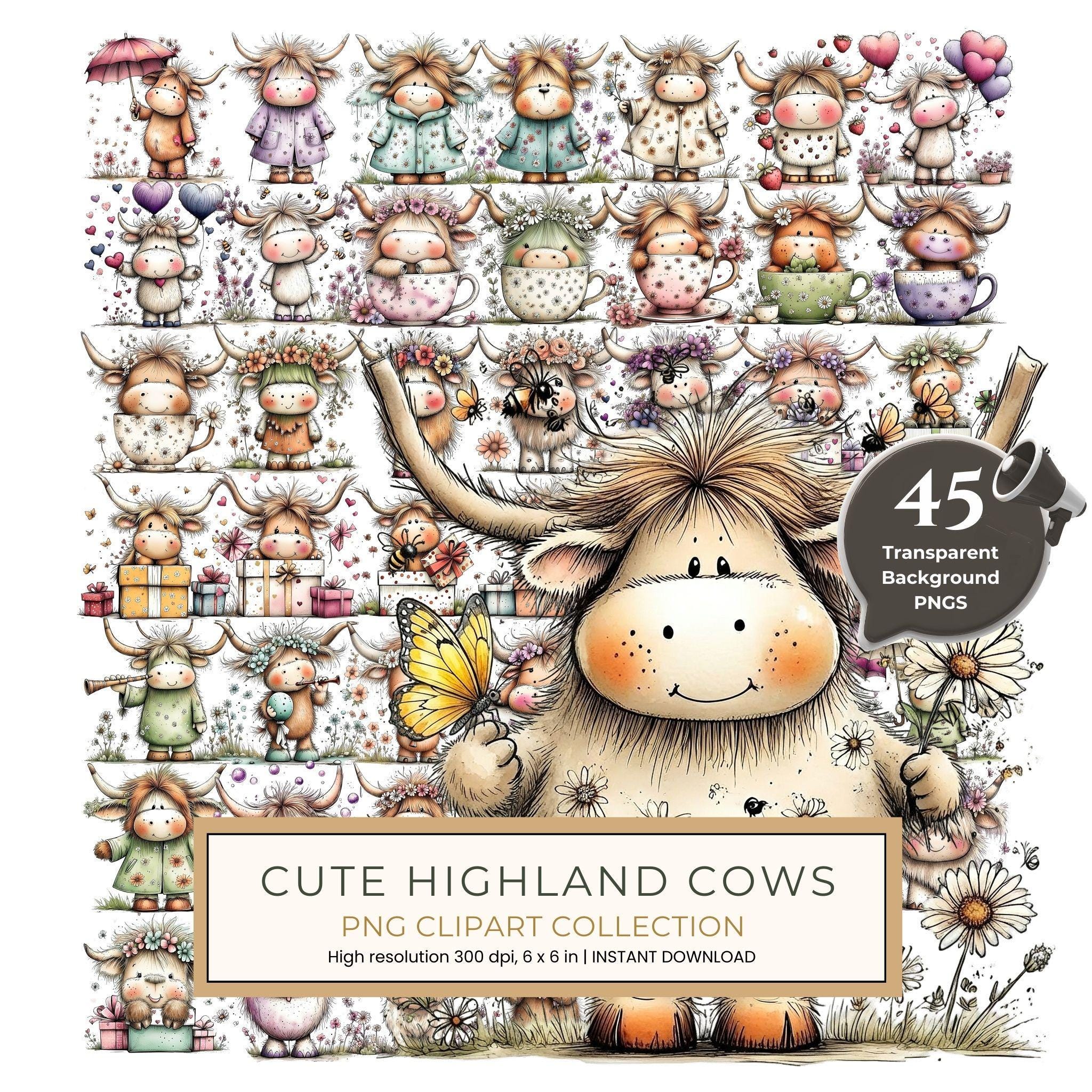 45 Whimsical Highland Cow Clipart Bundle | Watercolor Sketch Style | Commercial Use