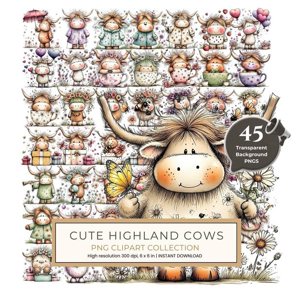 45 Whimsical Highland Cow Clipart Bundle | Watercolor Sketch Style | Commercial Use