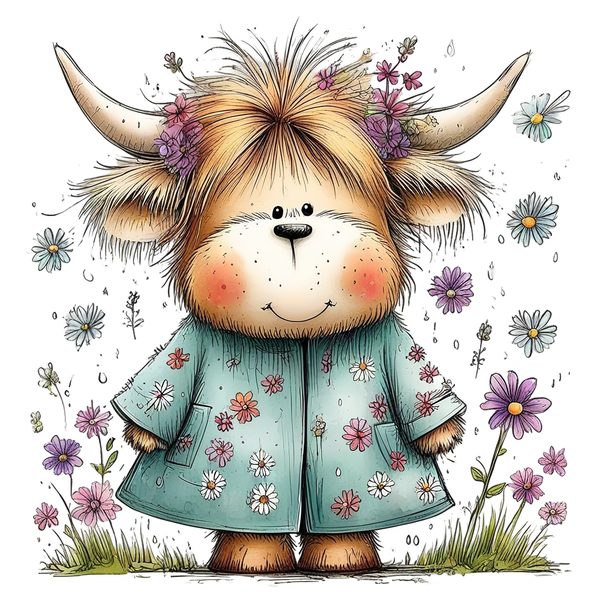 45 Whimsical Highland Cow Clipart Bundle | Watercolor Sketch Style | Commercial Use — image 4