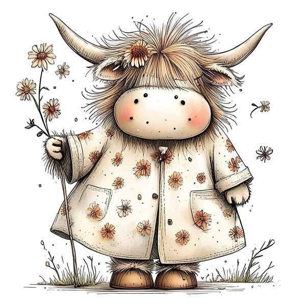 45 Whimsical Highland Cow Clipart Bundle | Watercolor Sketch Style | Commercial Use — image 5
