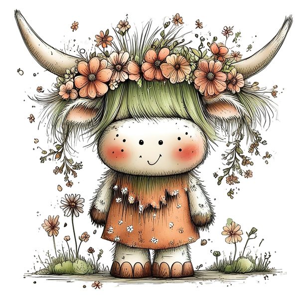 45 Whimsical Highland Cow Clipart Bundle | Watercolor Sketch Style | Commercial Use — image 16