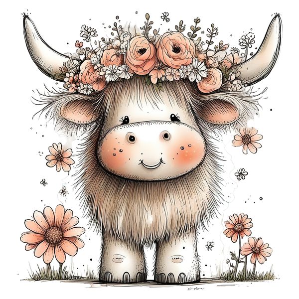 45 Whimsical Highland Cow Clipart Bundle | Watercolor Sketch Style | Commercial Use — image 18