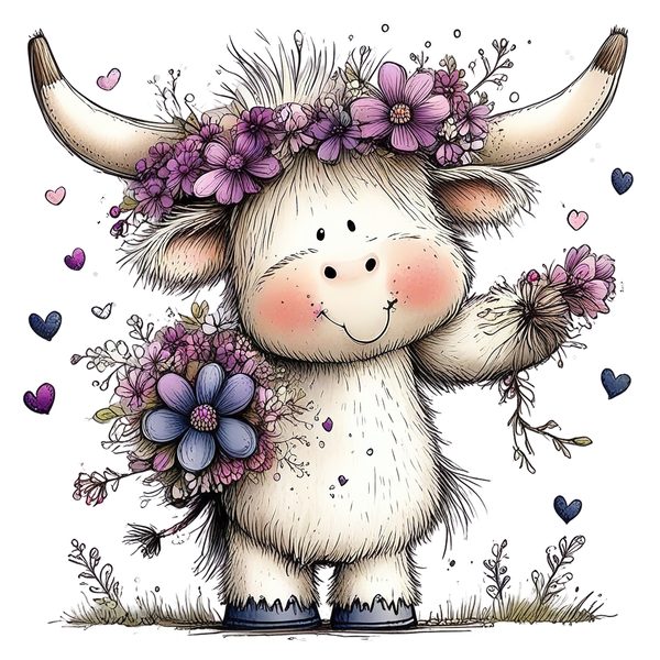 45 Whimsical Highland Cow Clipart Bundle | Watercolor Sketch Style | Commercial Use — image 19