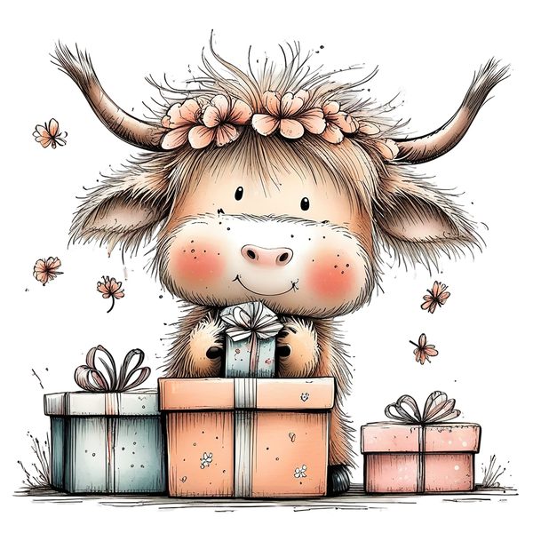 45 Whimsical Highland Cow Clipart Bundle | Watercolor Sketch Style | Commercial Use — image 25