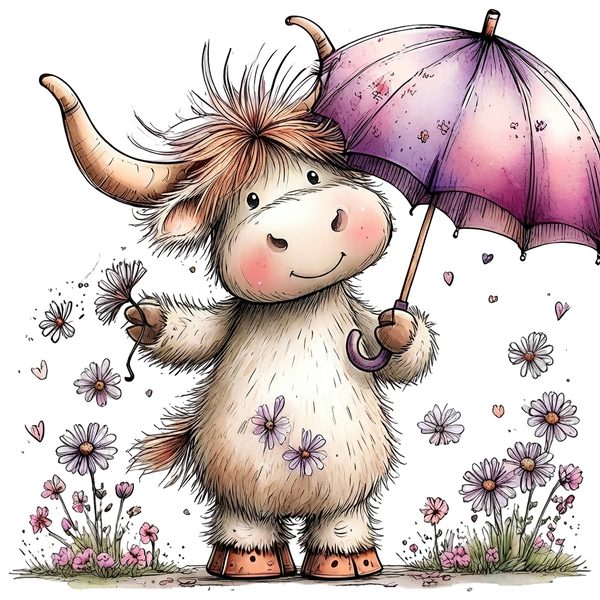 45 Whimsical Highland Cow Clipart Bundle | Watercolor Sketch Style | Commercial Use — image 34