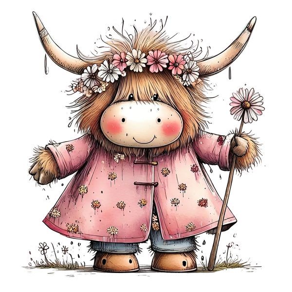 45 Whimsical Highland Cow Clipart Bundle | Watercolor Sketch Style | Commercial Use — image 38