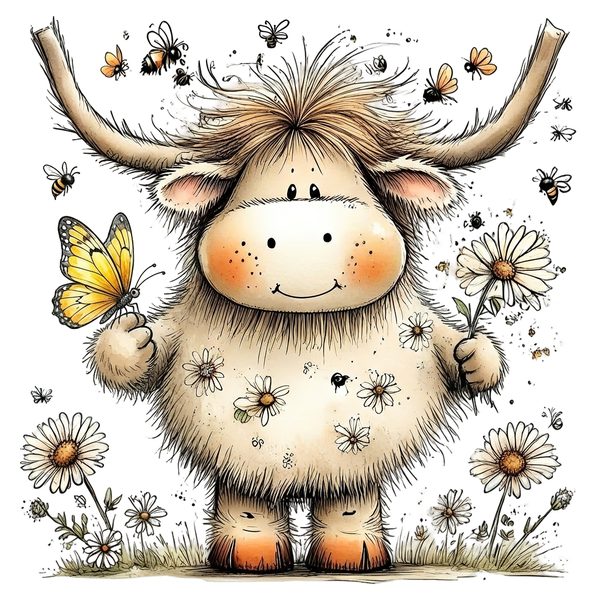 45 Whimsical Highland Cow Clipart Bundle | Watercolor Sketch Style | Commercial Use — image 41