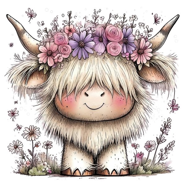 45 Whimsical Highland Cow Clipart Bundle | Watercolor Sketch Style | Commercial Use — image 42