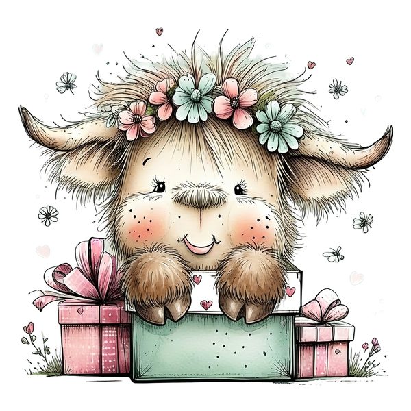 45 Whimsical Highland Cow Clipart Bundle | Watercolor Sketch Style | Commercial Use — image 43