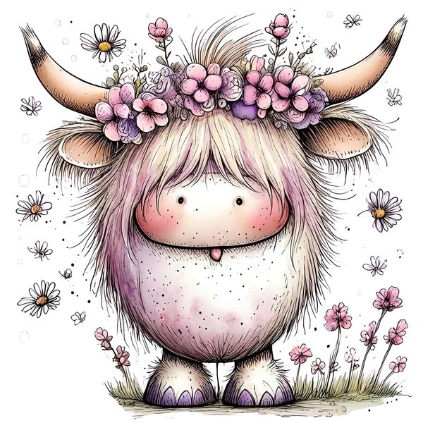 45 Whimsical Highland Cow Clipart Bundle | Watercolor Sketch Style | Commercial Use — image 44