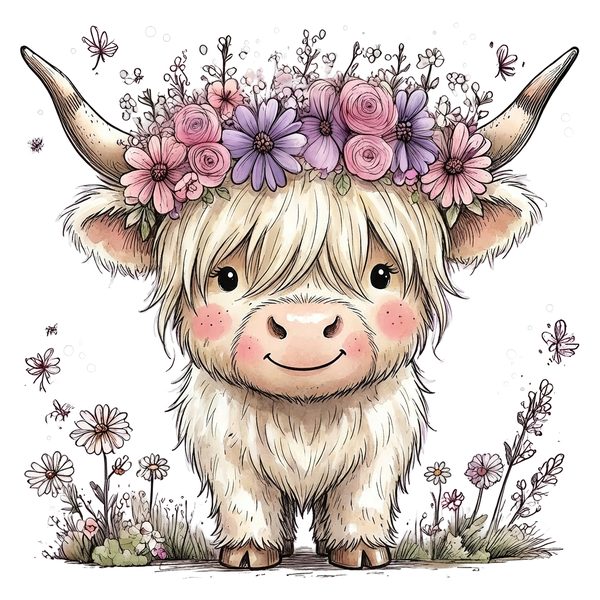 45 Whimsical Highland Cow Clipart Bundle | Watercolor Sketch Style | Commercial Use — image 45