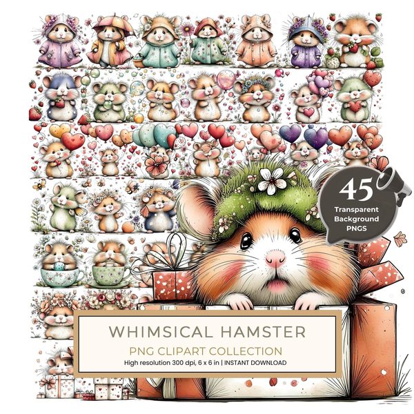 45 Whimsical Hamster Clipart Bundle | Watercolor Sketch Style | Commercial Use