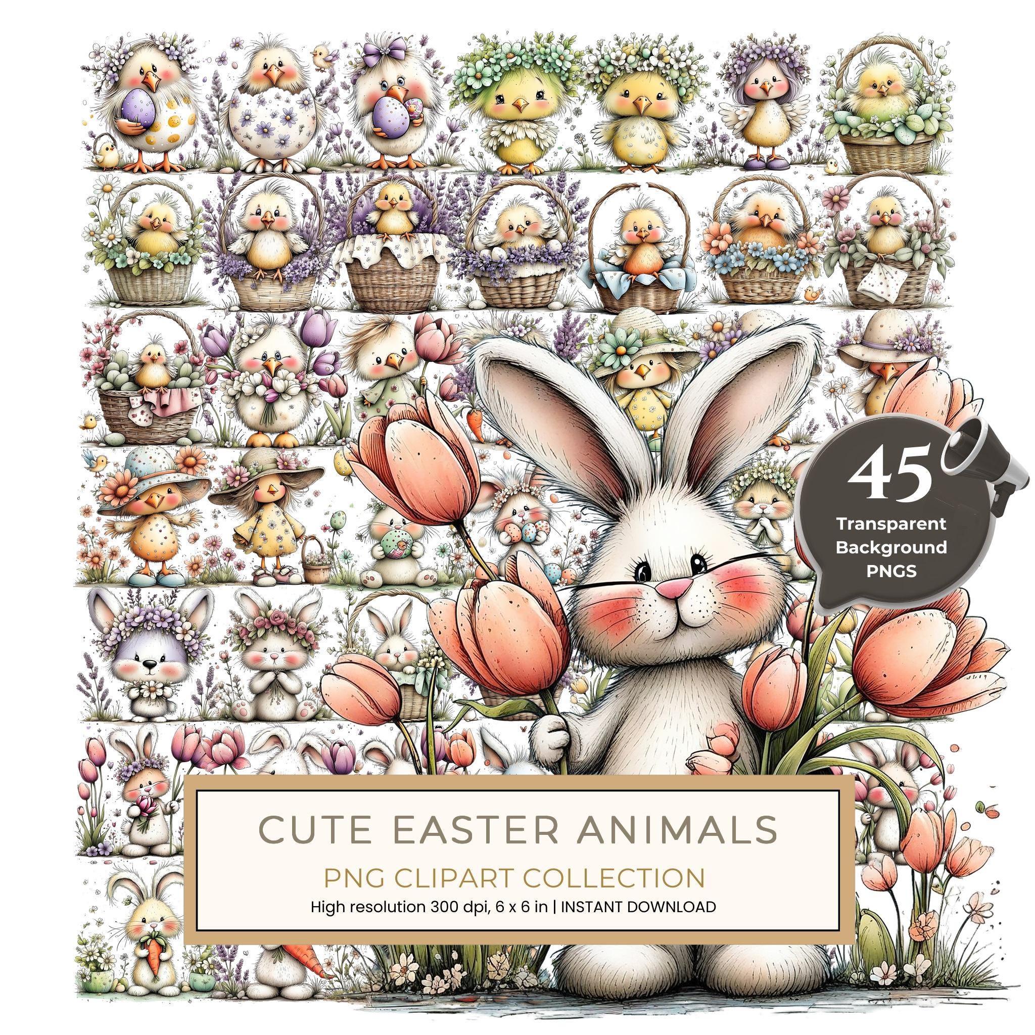 45 Whimsical Easter Animals PNG Bundle – Bunnies, Chicks | Watercolor Sketch Style | Commercial Use