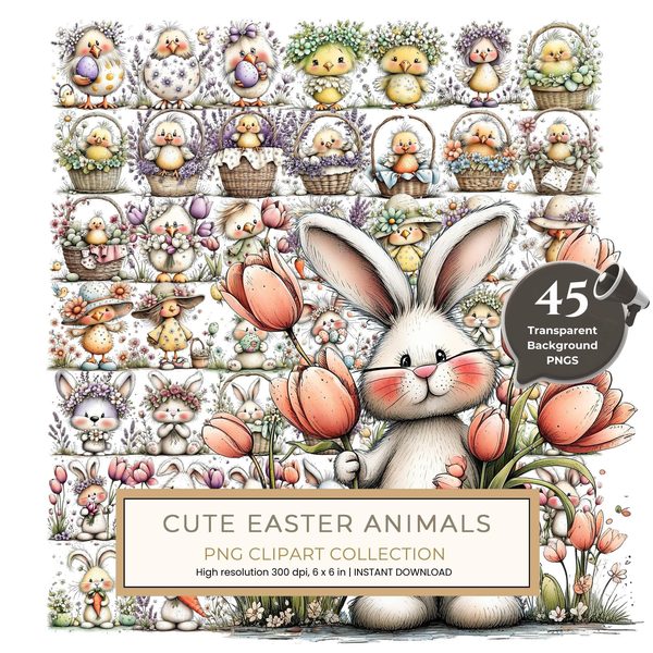 45 Whimsical Easter Animals PNG Bundle – Bunnies, Chicks | Watercolor Sketch Style | Commercial Use