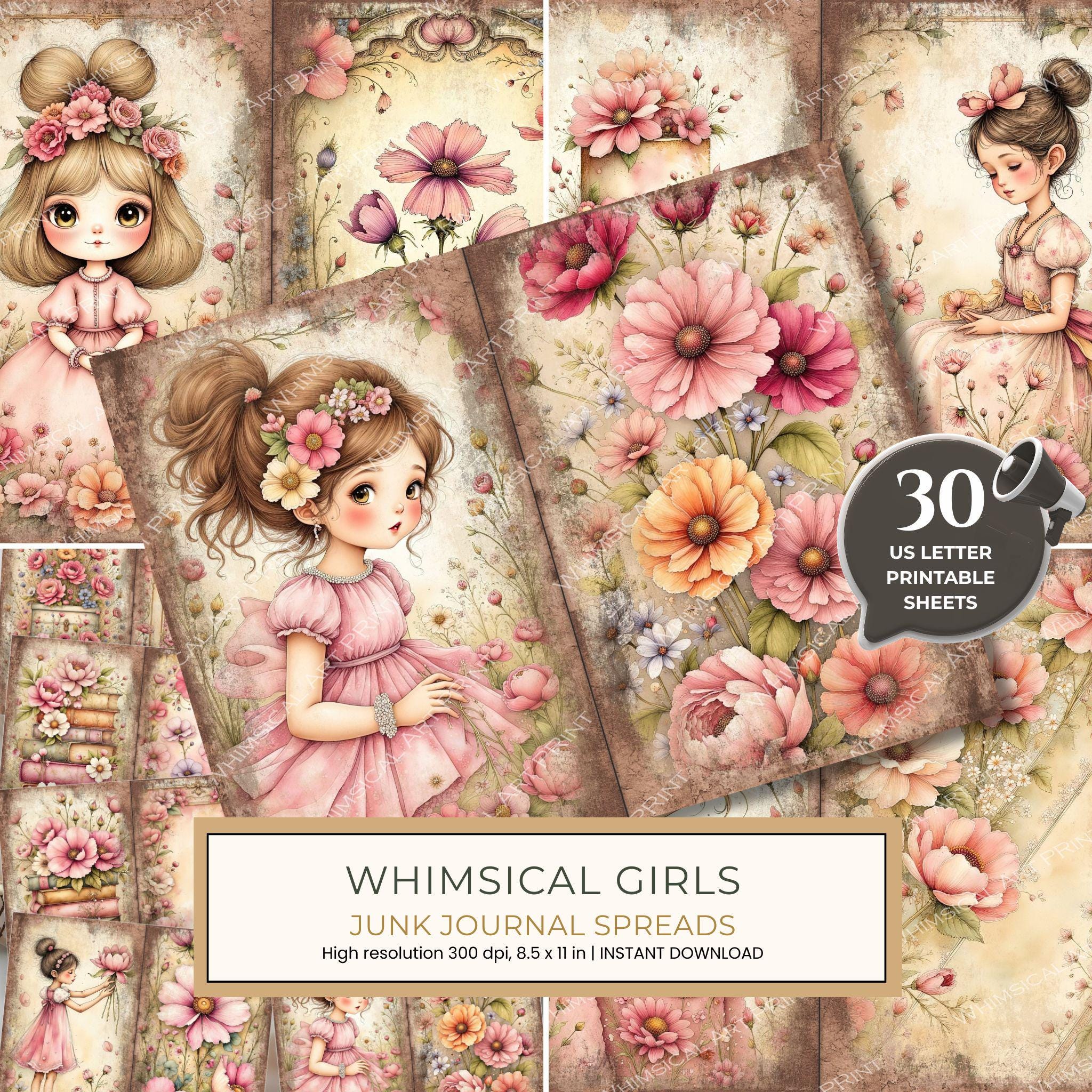 30 Whimsical Girls Journal Spreads: Printable Open Book Pages - Commercial Use JPGs