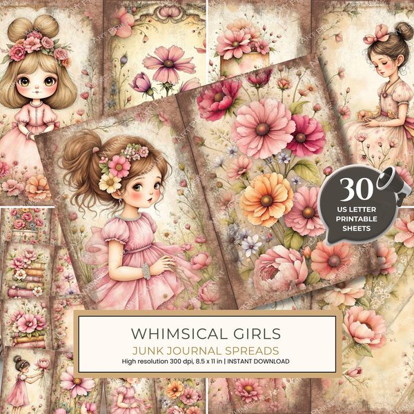 30 Whimsical Girls Journal Spreads: Printable Open Book Pages - Commercial Use JPGs