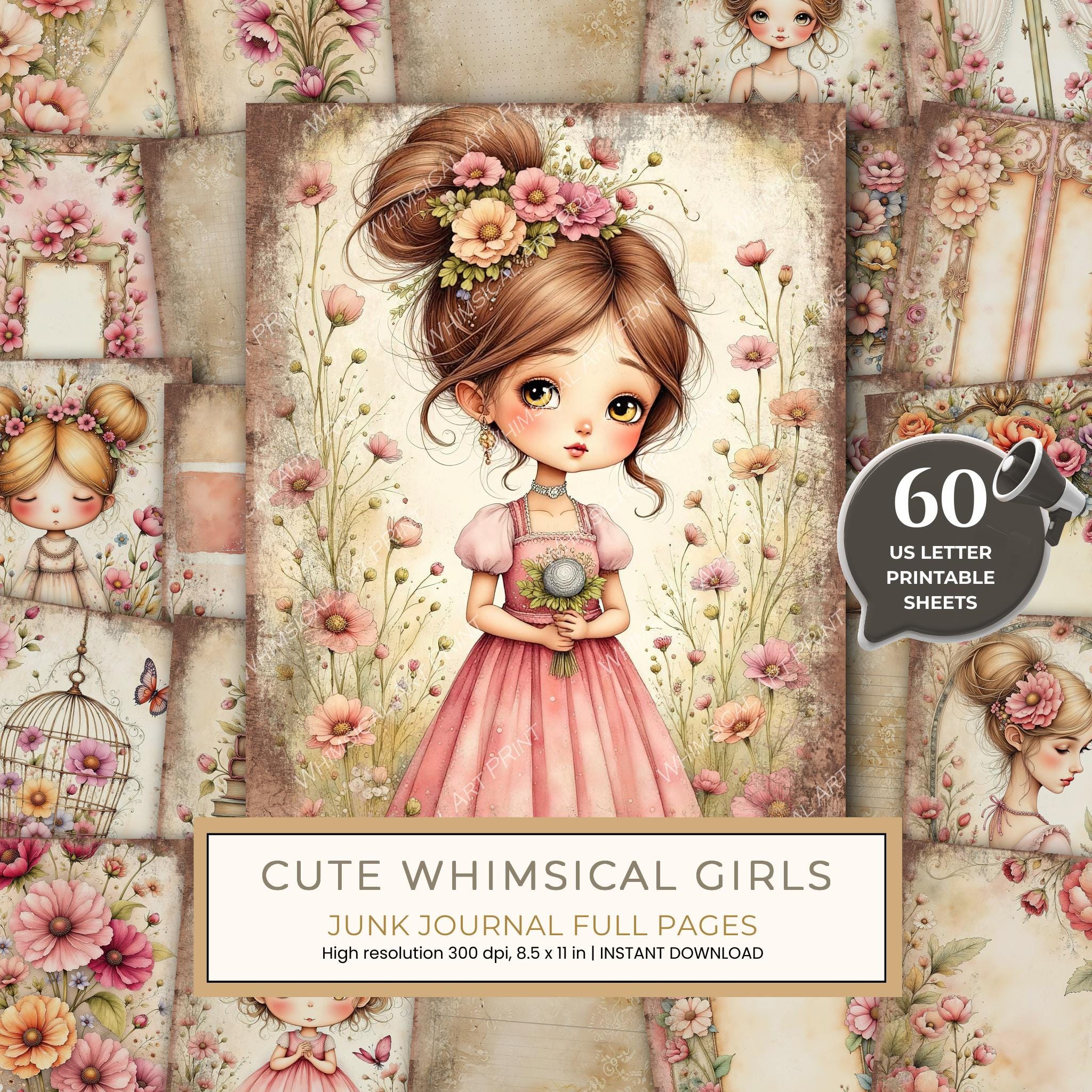Whimsical Girls Junk Journal Pages: 60 Watercolor Digital Paper, Scrapbook Printables