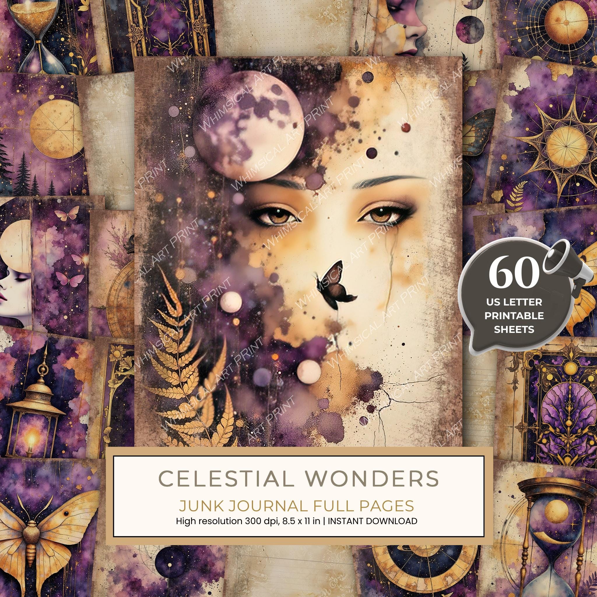Cosmos Nebula Moth Junk Journal Pages: 60 Watercolor Digital Paper, Scrapbook Printables